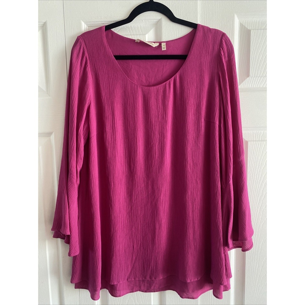Soft Surroundings Bell Sleeve Tunic Womens Size M Pink Boho Crinkle Artsy Fem